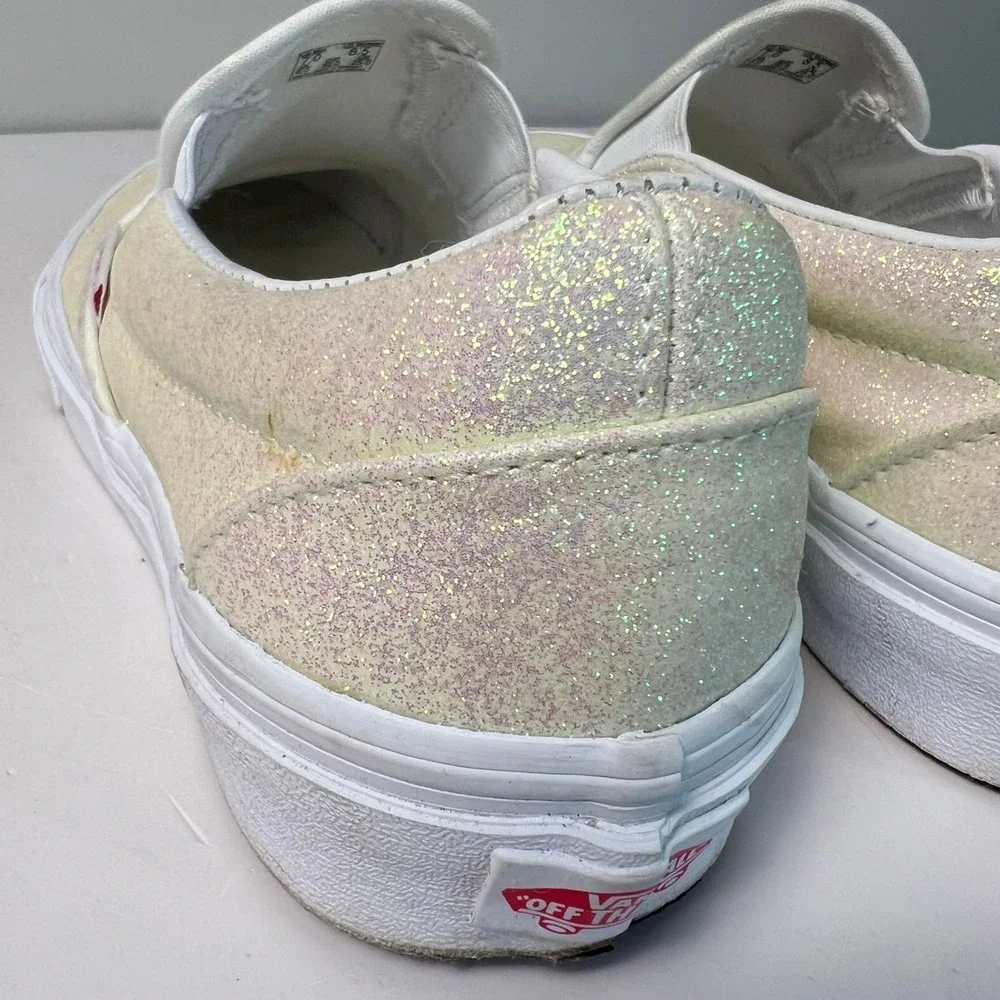 Vans Slip On Shoes Womens 8.5 Beige Shiny Glitter Sparkle Sneakers